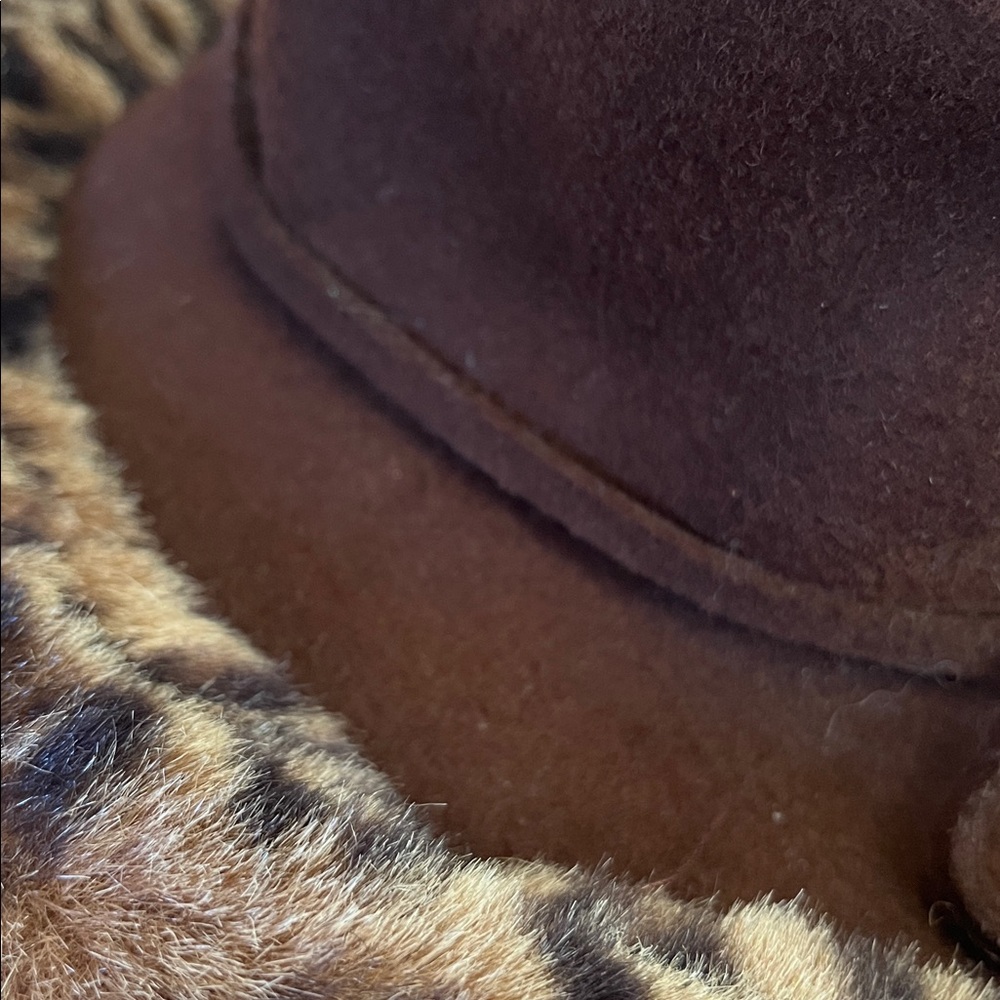 Vintage Fall Wool Brown Hat w/Animal Faux Fur Print Trim - Picture 7 of 13